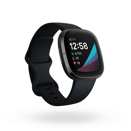 Fitbit Sense smartwatch showing the clock home screen